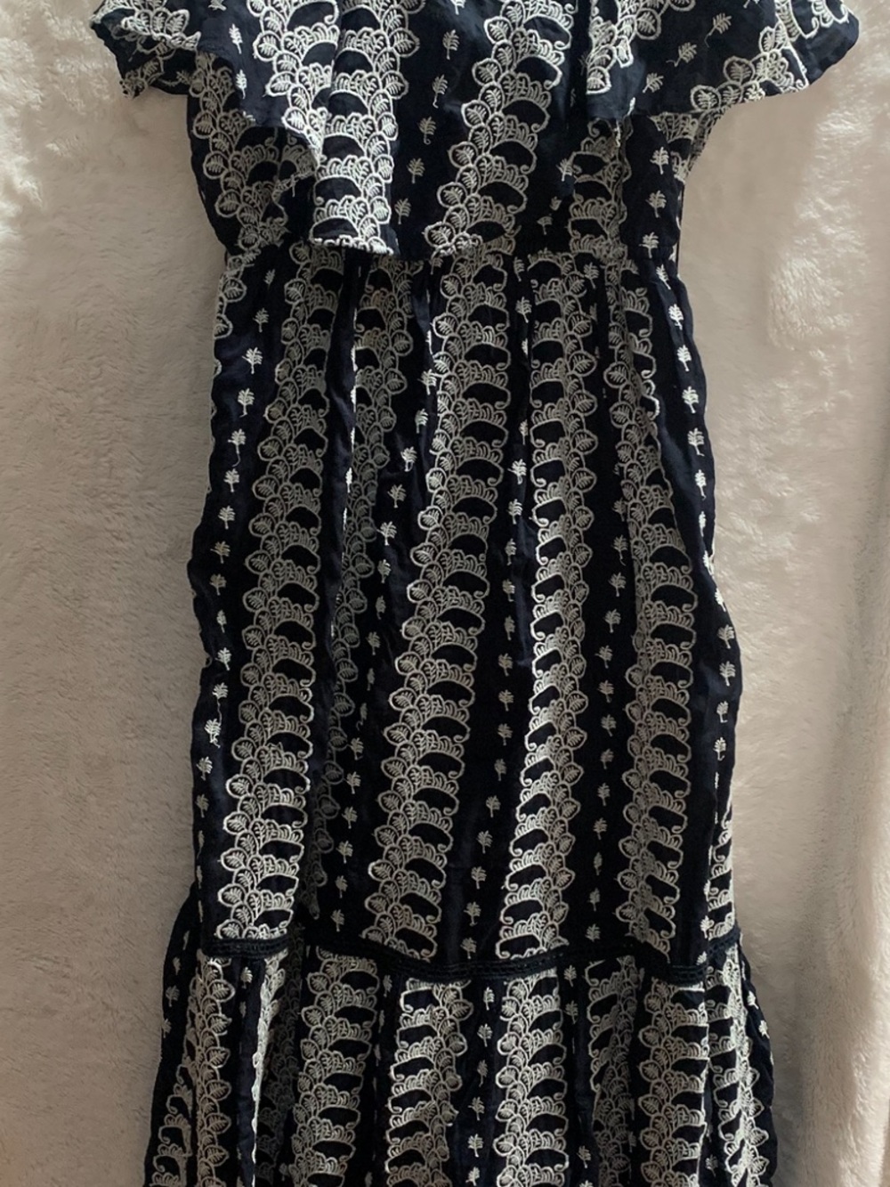 Navy Blue Maxi Dress with White Embroidered Pattern